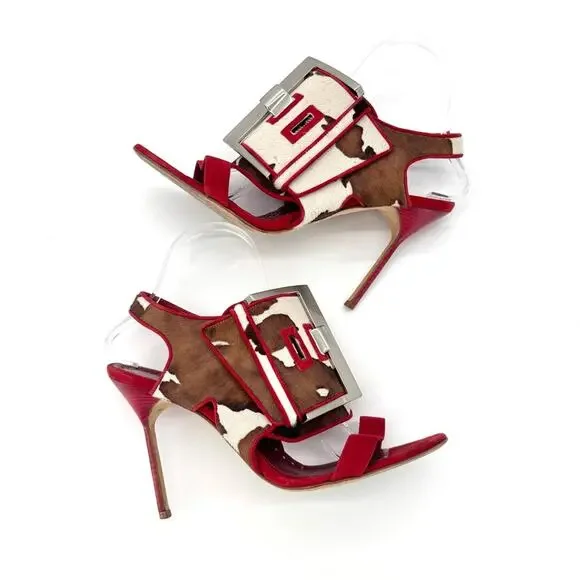Manolo Blahnik Martamucco Buckle Cow Print Pony Style Calf Hair Sandals 40 - Picture 4 of 9